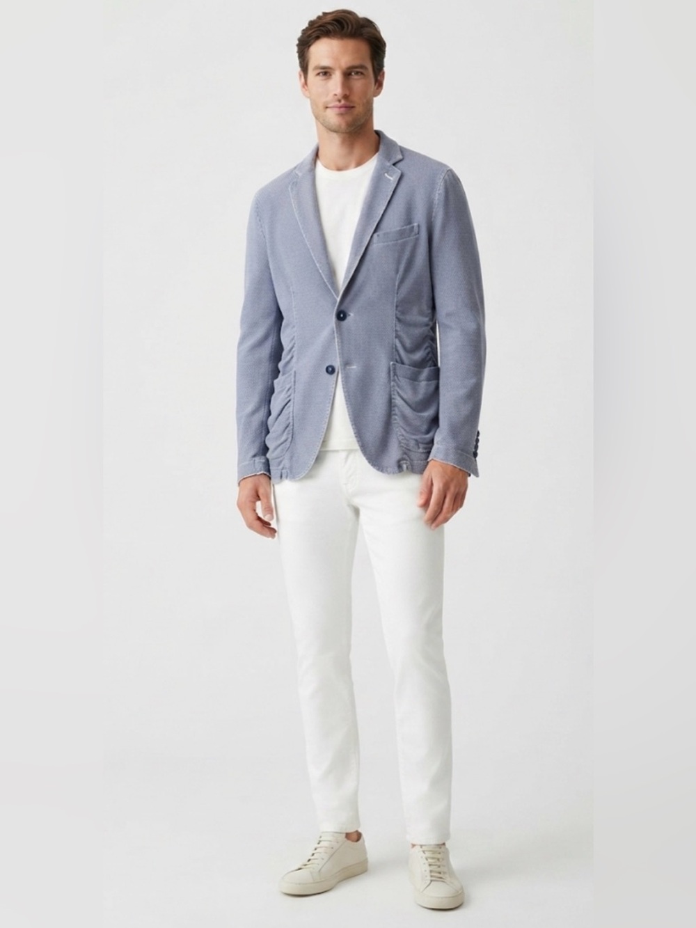 CIRCOLO 1901 Blue Herringbone Textured Ruched Cotton Blazer Jacket